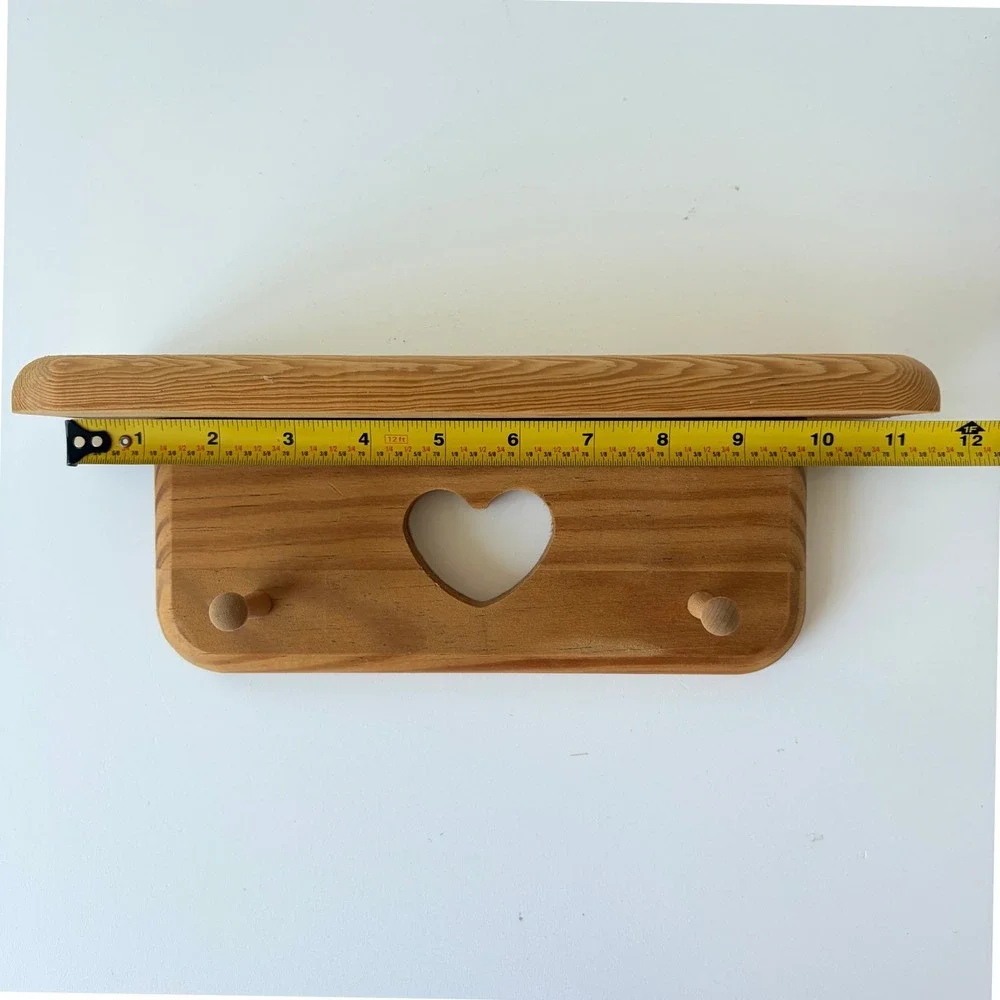 Vintage Pine Wood Wall Shelf Heart Cutout 2 Peg Towel Rack Country Rustic 12in